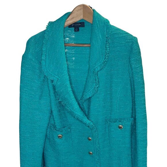 St. John Turquoise Boucle Knit Blazer Size 14 Made in USA - Like New - Picture 2 of 8